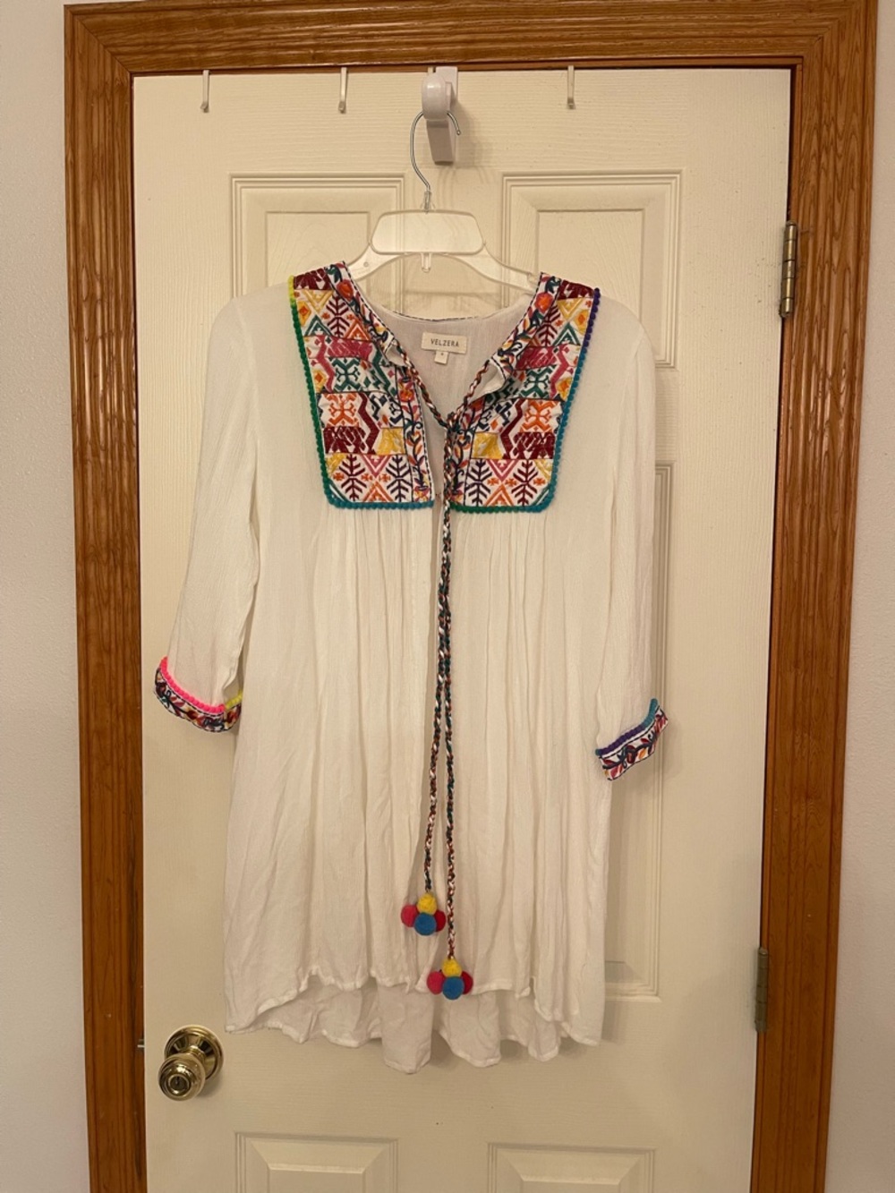 Velzera White Embroidered V-Neck Tunic with Multicolor Bohemian Swim SMALL